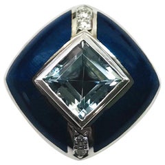 White Gold Aquamarine Diamond Blue Enamel Ring