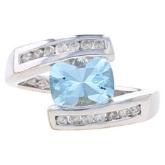 White Gold Aquamarine & Diamond Bypass Ring - 14k Cushion Brill 2.18ctw Sz 8 1/4