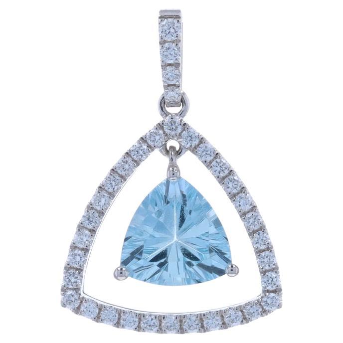 White Gold Aquamarine Diamond Halo Dangle Pendant - 14k Trillion 1.19ctw For Sale