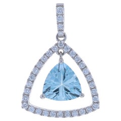 White Gold Aquamarine Diamond Halo Dangle Pendant - 14k Trillion 1.19ctw