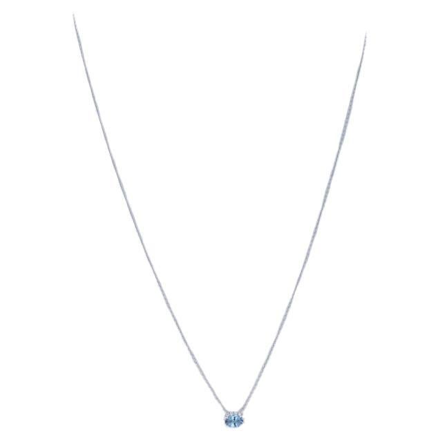 White Gold Aquamarine & Diamond Halo Necklace 16 3/4" - 14k Oval .49ctw For Sale