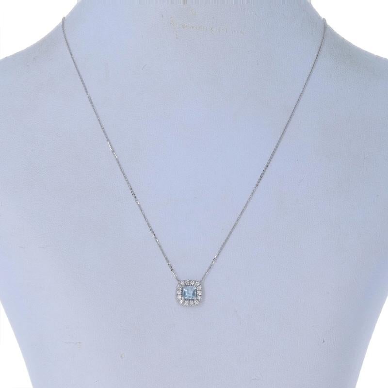 White Gold Aquamarine & Diamond Halo Pendant Necklace 14 3/4