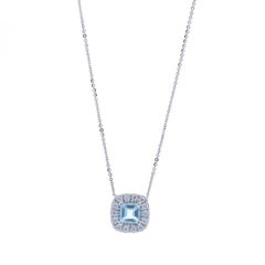 White Gold Aquamarine & Diamond Halo Pendant Necklace 14 3/4" -14k Square .78ctw