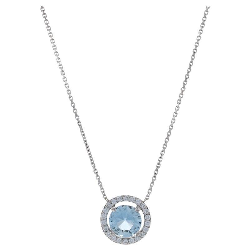 White Gold Aquamarine & Diamond Halo Pendant Necklace 18" - 14k Round .76ctw For Sale