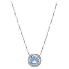 White Gold Aquamarine & Diamond Halo Pendant Necklace 18" - 14k Round .76ctw