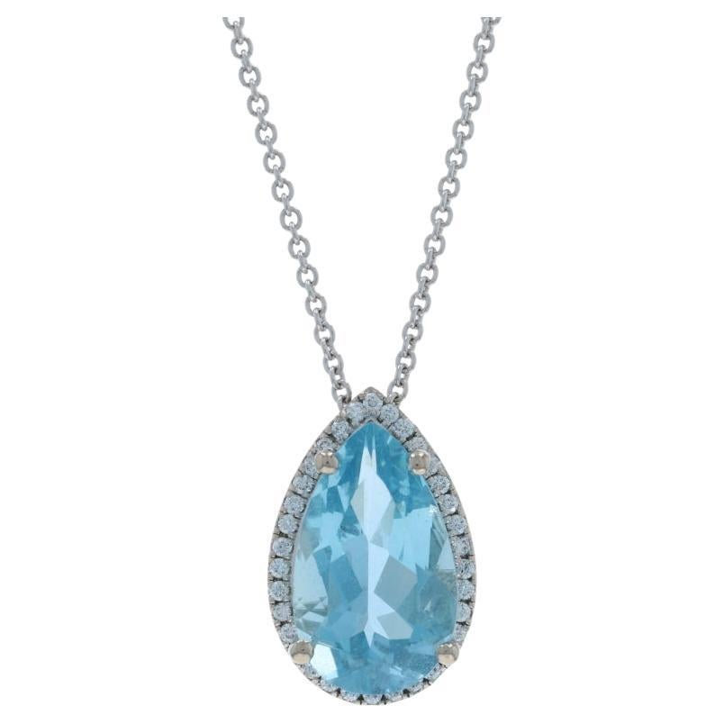White Gold Aquamarine Diamond Halo Pendant Necklace 18" - 18k Pear 4.61ctw