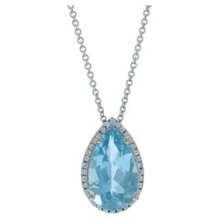 White Gold Aquamarine Diamond Halo Pendant Necklace 18" - 18k Pear 4.61ctw