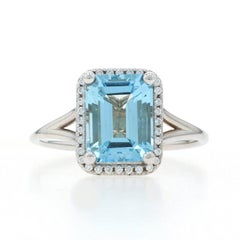White Gold Aquamarine Diamond Halo Ring - 14k Emerald 3.17ctw