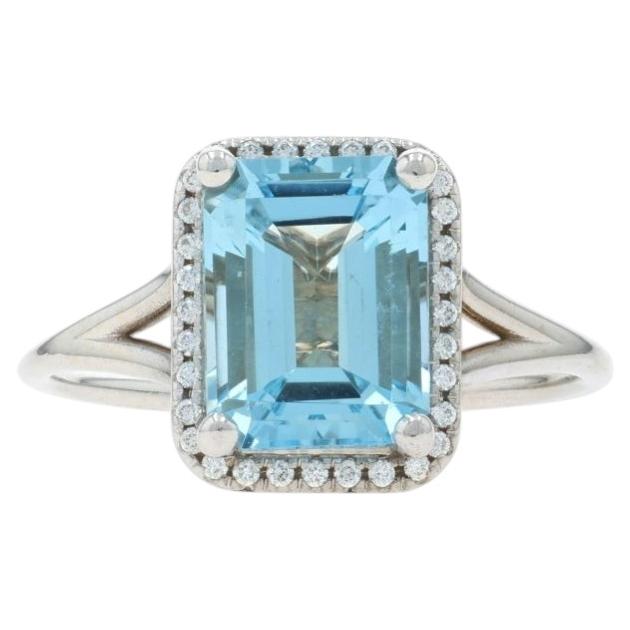 White Gold Aquamarine Diamond Halo Ring - 14k Emerald 3.17ctw For Sale