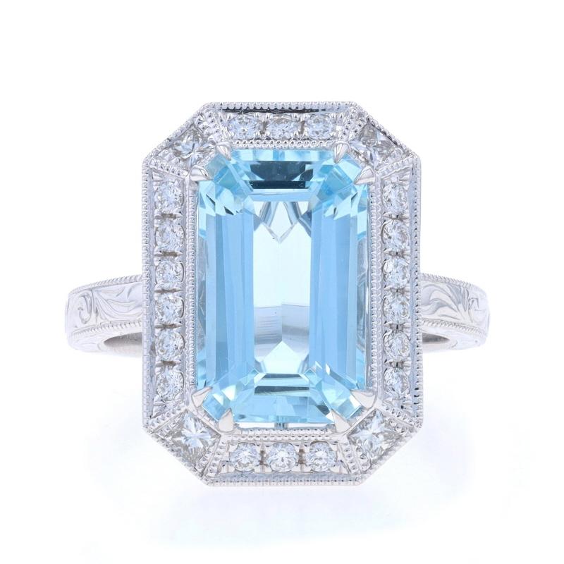 Size: 6 3/4
Sizing Fee: Up 2 sizes for $60 or Down 1 1/2 sizes for $40

Metal Content: 14k White Gold

Stone Information
Natural Aquamarine
Treatment: Heating
Carat(s): 4.76ct
Cut: Emerald
Color: Blue

Natural Diamonds
Carat(s): .51ctw
Cut: Round