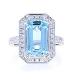 White Gold Aquamarine Diamond Halo Ring -14k Emerald Cut 5.27ctw Etched Milgrain