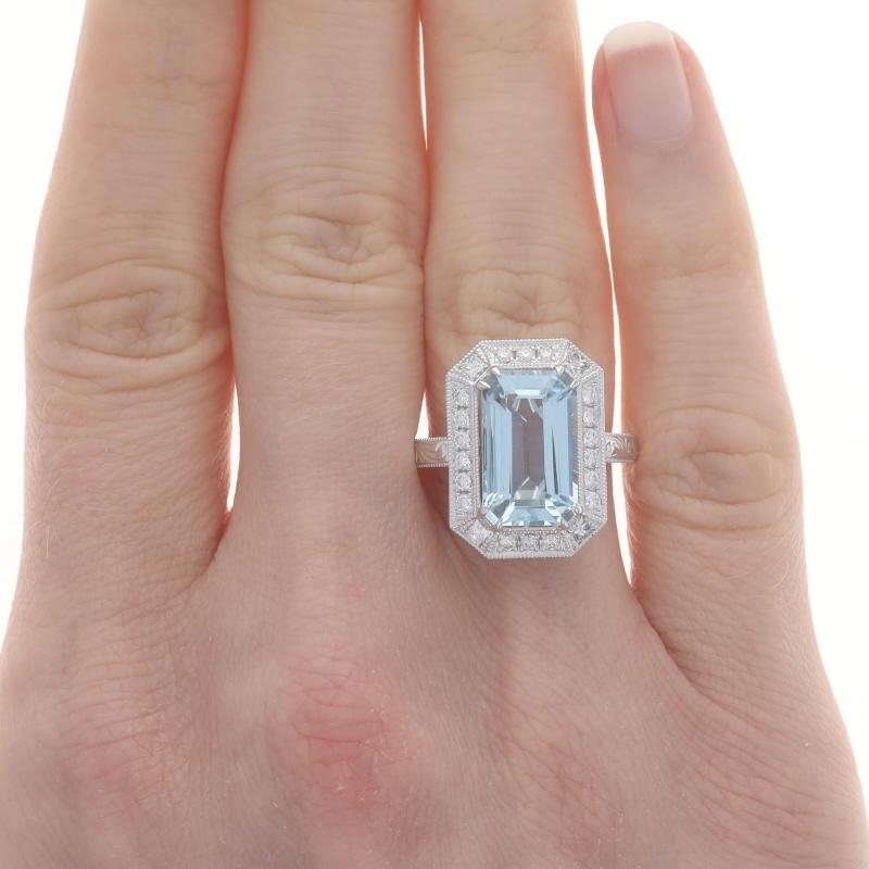 White Gold Aquamarine Diamond Halo Ring -14k Emerald Cut 5.27ctw Etched Milgrain In New Condition For Sale In Greensboro, NC