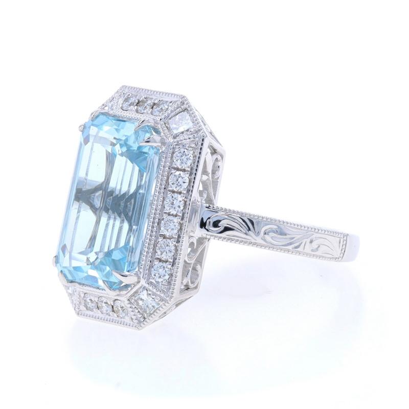Women's White Gold Aquamarine Diamond Halo Ring -14k Emerald Cut 5.27ctw Etched Milgrain For Sale