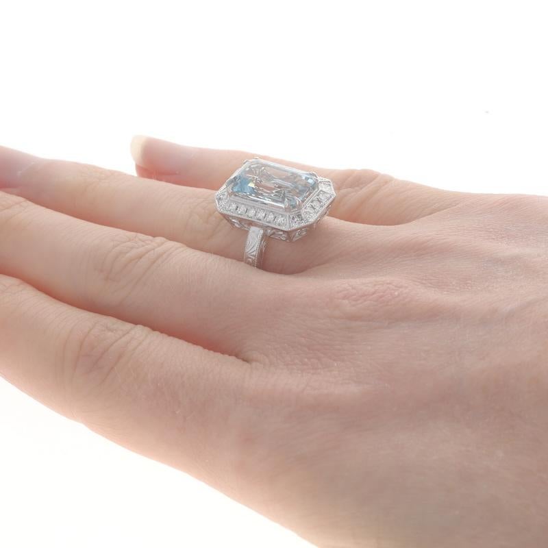 White Gold Aquamarine Diamond Halo Ring -14k Emerald Cut 5.27ctw Etched Milgrain For Sale 1