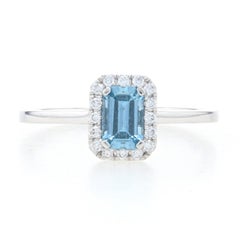 White Gold Aquamarine & Diamond Halo Ring - 14k Emerald Cut .56ctw