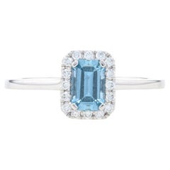 White Gold Aquamarine 
Diamond Halo Ring - 14k Emerald Cut .56ctw