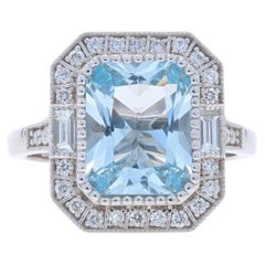 White Gold Aquamarine & Diamond Halo Ring - 14k Radiant 2.98ctw Engagement