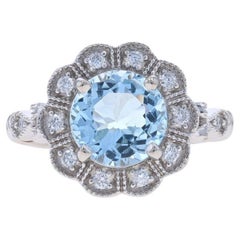 Weißgold Aquamarin-Diamant-Halo-Ring aus Weißgold - 14k runder 1,86 ctw Blumen- Milgrain
