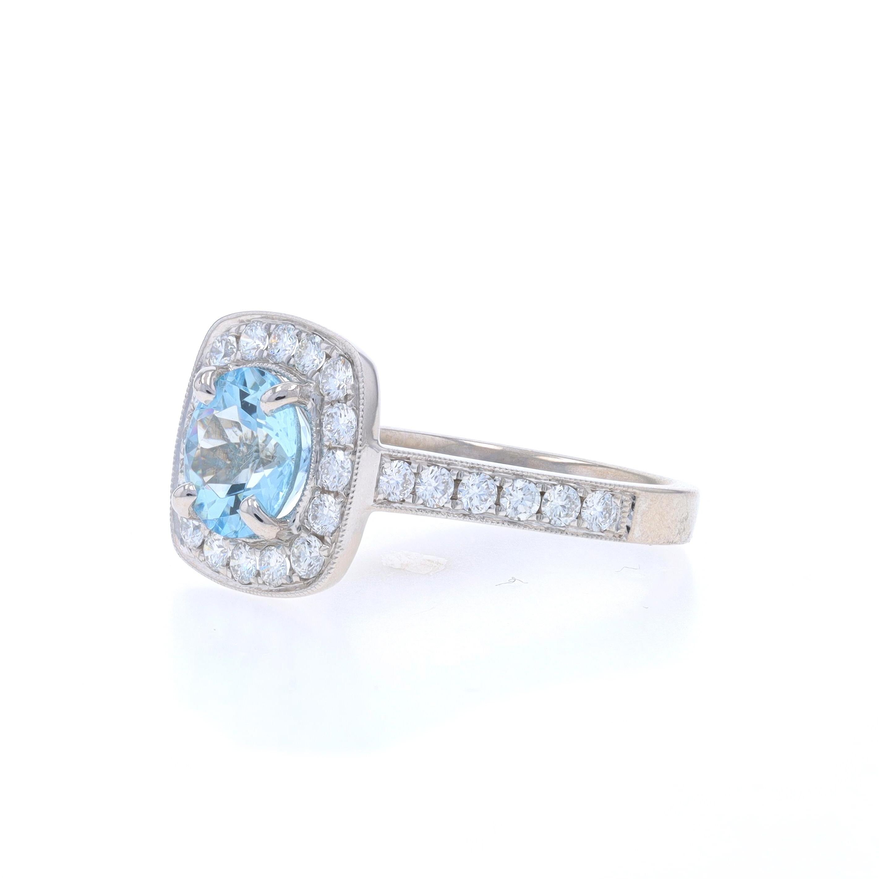 White Gold Aquamarine Diamond Halo Ring 14k Round Portuguese 2.54ctw Engagement In New Condition For Sale In Greensboro, NC