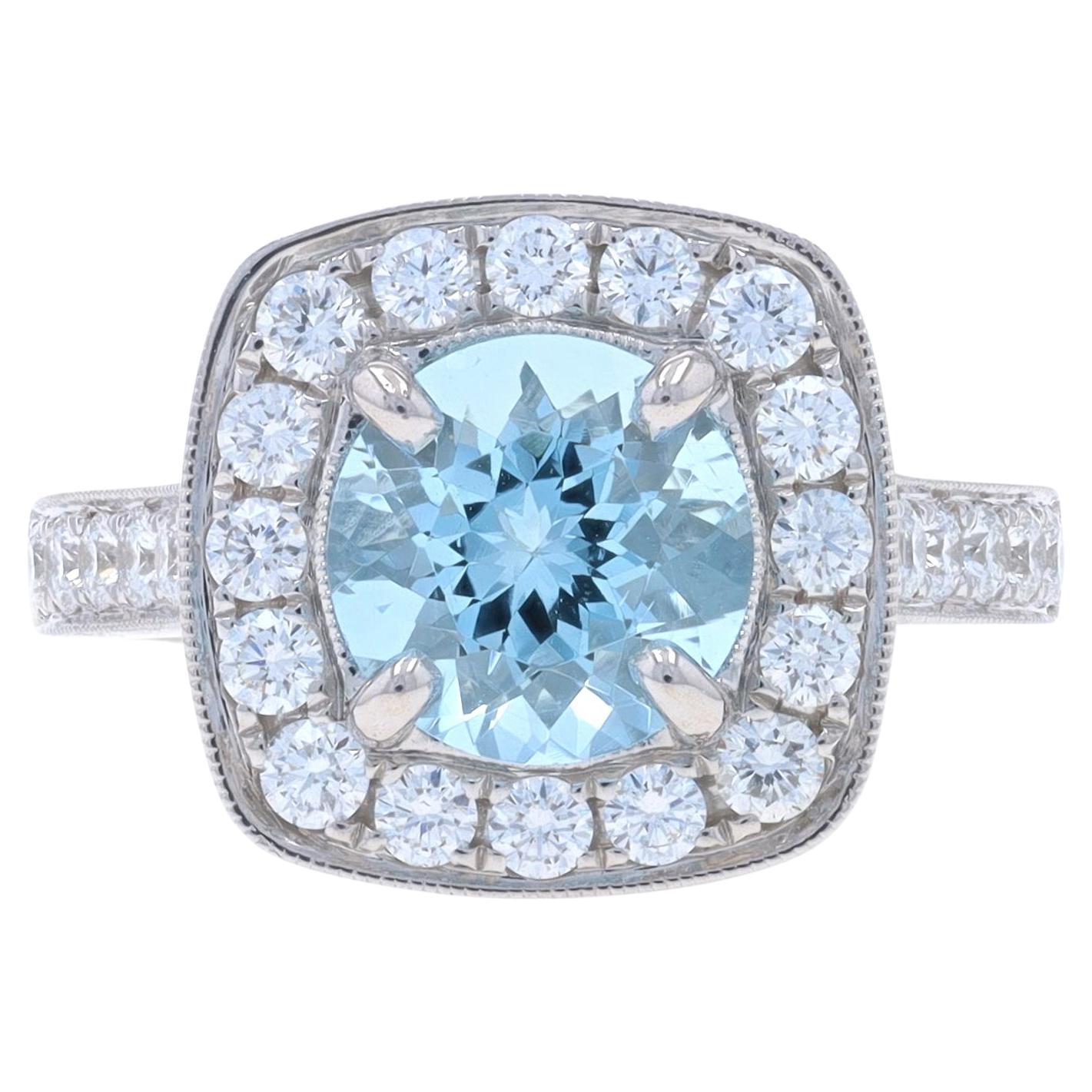 White Gold Aquamarine Diamond Halo Ring 14k Round Portuguese 2.54ctw Engagement For Sale