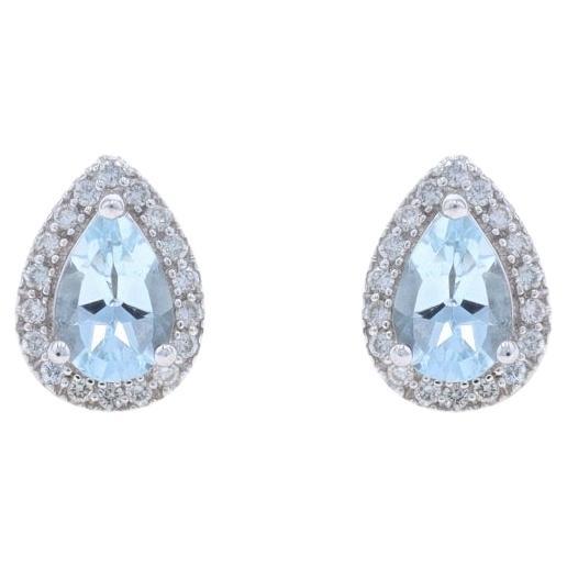 White Gold Aquamarine Diamond Halo Stud Earrings - 14k Pear .82ctw Pierced