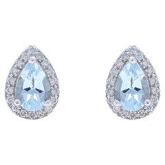 White Gold Aquamarine Diamond Halo Stud Earrings - 14k Pear .82ctw Pierced
