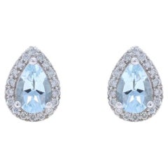 Pendientes Oro Blanco Aguamarina Diamante Halo - 14k Perla .82ctw Pierced