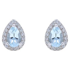 Boucles d'oreilles en or blanc aigue-marine diamant halo - 14k Pear .82ctw Pierced