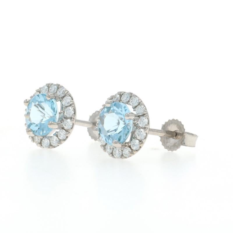 White Gold Aquamarine Diamond Halo Stud Earrings - 14k Round 1.59ctw Pierced en Nuevo estado para la venta en Greensboro, NC