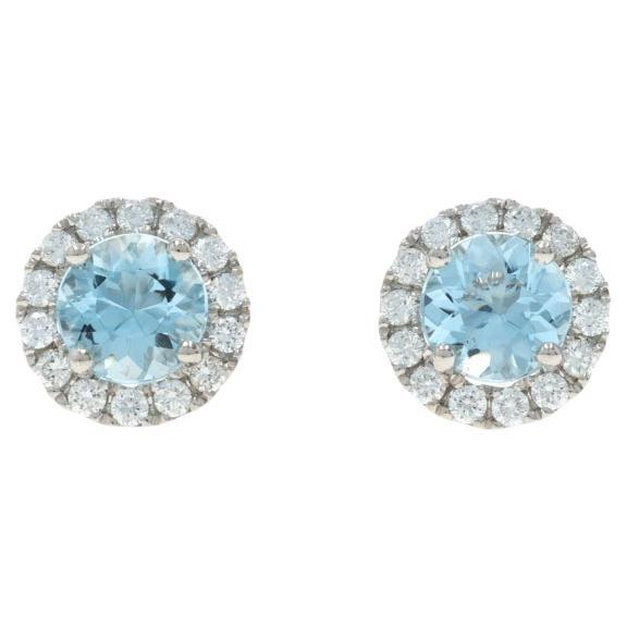 White Gold Aquamarine Diamond Halo Stud Earrings - 14k Round 1.59ctw Pierced