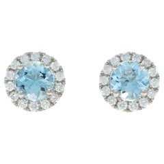 White Gold Aquamarine Diamond Halo Stud Earrings - 14k Round 1.59ctw Pierced