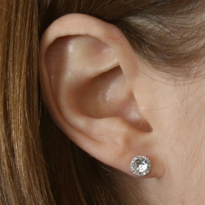 Rose Cut White Gold Aquamarine & Diamond Halo Stud Earrings 14k Round Rose .76ctw Pierced For Sale