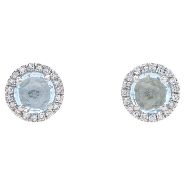 White Gold Aquamarine & Diamond Halo Stud Earrings 14k Round Rose .76ctw Pierced