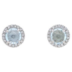 Boucles d'oreilles aigue-marine et diamant en or blanc 14k Round Rose .76ctw Pierce