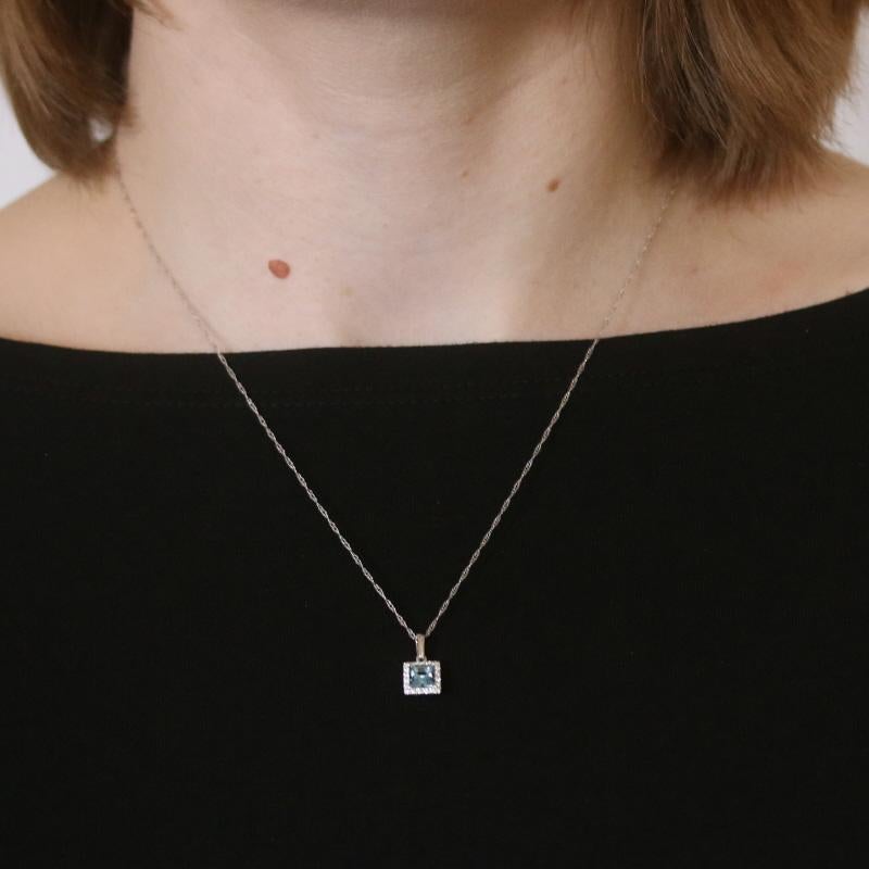 Square Cut White Gold Aquamarine & Diamond Pendant Necklace 18