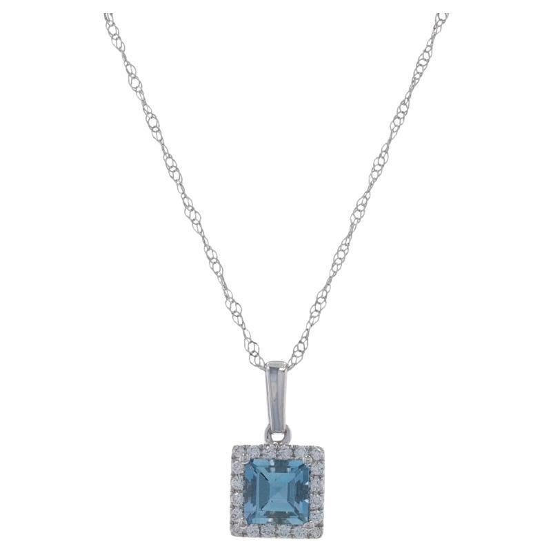 White Gold Aquamarine & Diamond Pendant Necklace 18" - 14k Square Step .60ctw For Sale