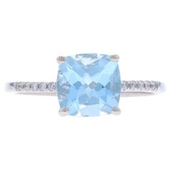 White Gold Aquamarine & Diamond Ring - 14k Cushion 1.43ctw Cathedral Engagement