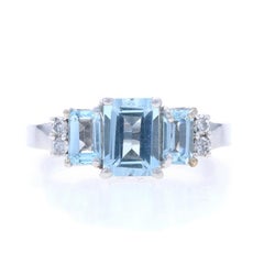 White Gold Aquamarine Diamond Ring - 14k Emerald Cut 1.36ctw Three-Stone