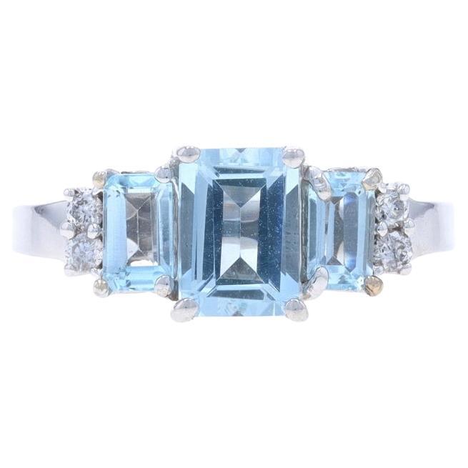 White Gold Aquamarine Diamond Ring - 14k Emerald Cut 1.36ctw Three-Stone