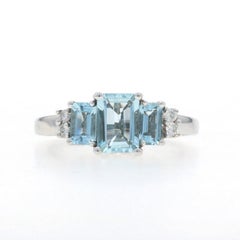 White Gold Aquamarine Diamond Ring - 14k Emerald Cut 1.46ctw Three-Stone