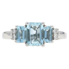 White Gold Aquamarine Diamond Ring - 14k Emerald Cut 1.46ctw Three-Stone