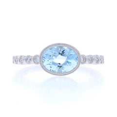 White Gold Aquamarine Diamond Ring - 14k Oval 1.20ctw East-West Milgrain