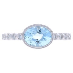 White Gold Aquamarine Diamond Ring - 14k Oval 1.20ctw East-West Milgrain