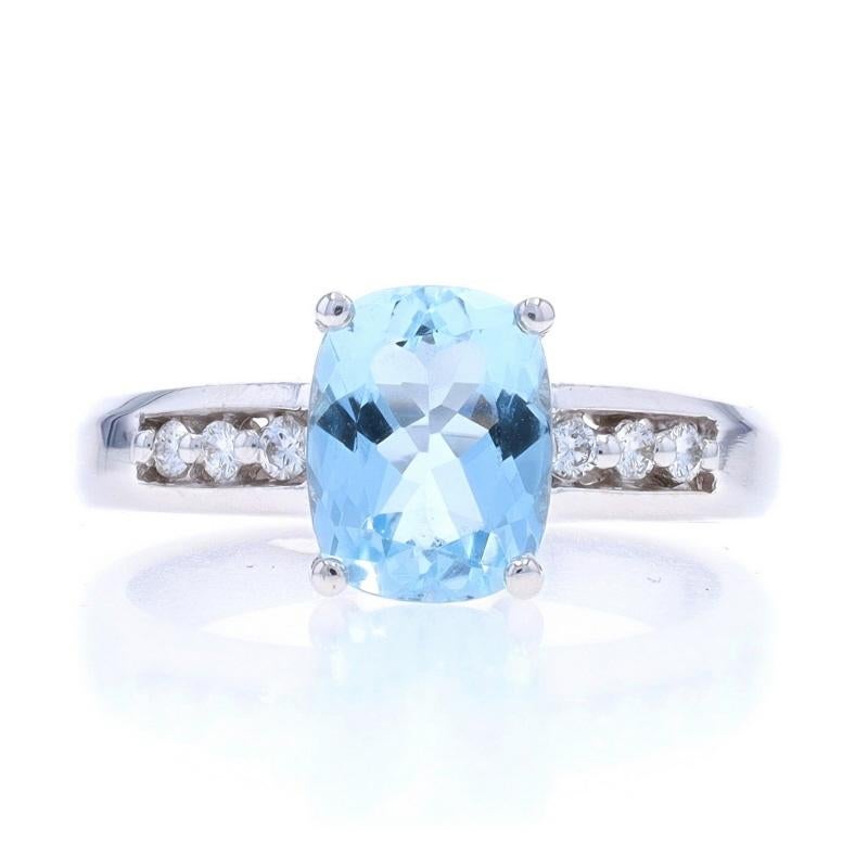 Size: 7 1/4
Sizing Fee: Up 1 1/2 sizes for $40 or Down 1 size for $40

Metal Content: 14k White Gold

Stone Information

Natural Aquamarine
Treatment: Heating
Carat(s): 1.53ct
Cut: Rectangular Cushion
Color: Blue

Natural Diamonds
Carat(s):