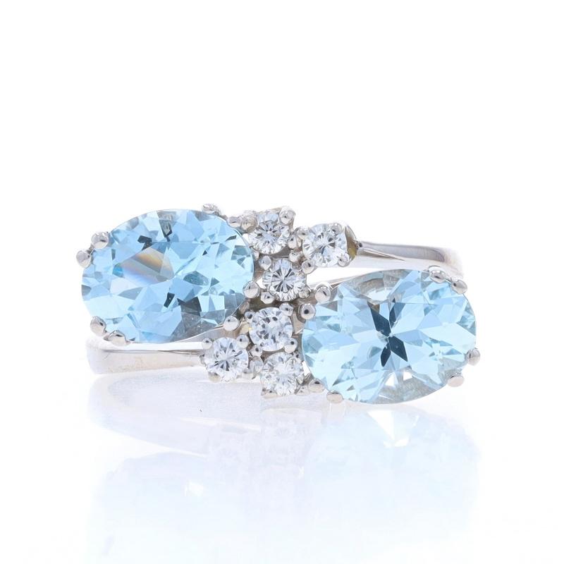 Size: 6
Sizing Fee: Up 2 sizes for $40 or Down 1 1/2 sizes for $40

Metal Content: 14k White Gold

Stone Information

Natural Aquamarines
Treatment: Heating
Carat(s): 2.04ctw
Cut: Oval
Color: Blue

Natural Diamonds
Carat(s): .15ctw
Cut: Round