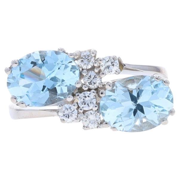 White Gold Aquamarine & Diamond Two-Stone Bypass Ring - 14k Oval 2.19ctw For Sale