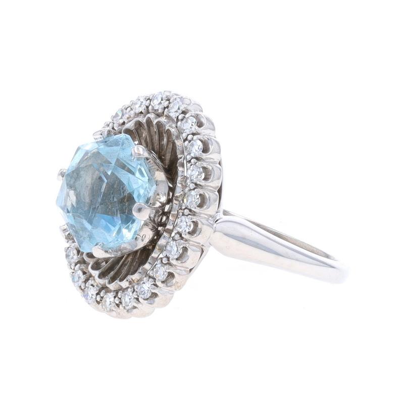 White Gold Aquamarine & Diamond Vintage Halo Ring - 18k Hexagon 2.12ctw In Excellent Condition For Sale In Greensboro, NC