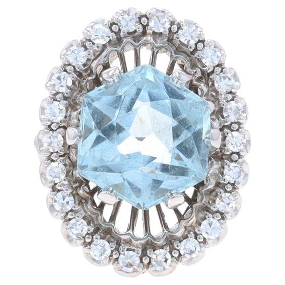 Anillo Halo Vintage de Oro Blanco con Aguamarina y Diamantes - 18k Hexágono 2.12ctw