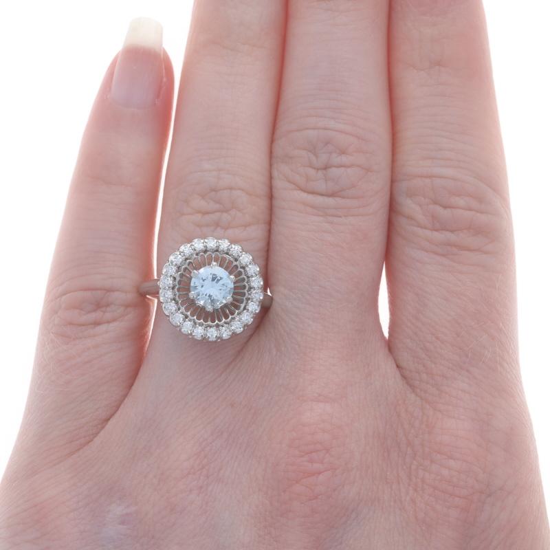 Round Cut White Gold Aquamarine & Diamond Vintage Halo Ring - 18k Round .83ctw For Sale