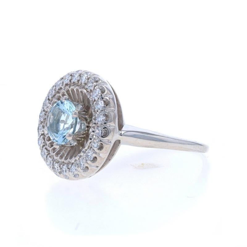 White Gold Aquamarine & Diamond Vintage Halo Ring - 18k Round .83ctw In Excellent Condition For Sale In Greensboro, NC